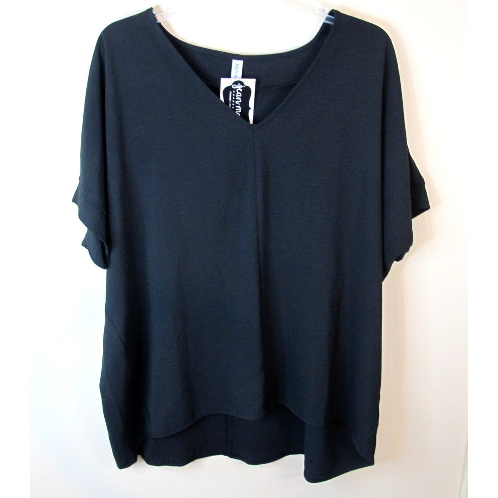 Zenana Black V-Neck Short Sleeve Breezy Blouse Tunic Top NEW!